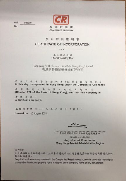 China Hangzhou SED Pharmaceutical Machinery Co.,Ltd. Zertifizierungen